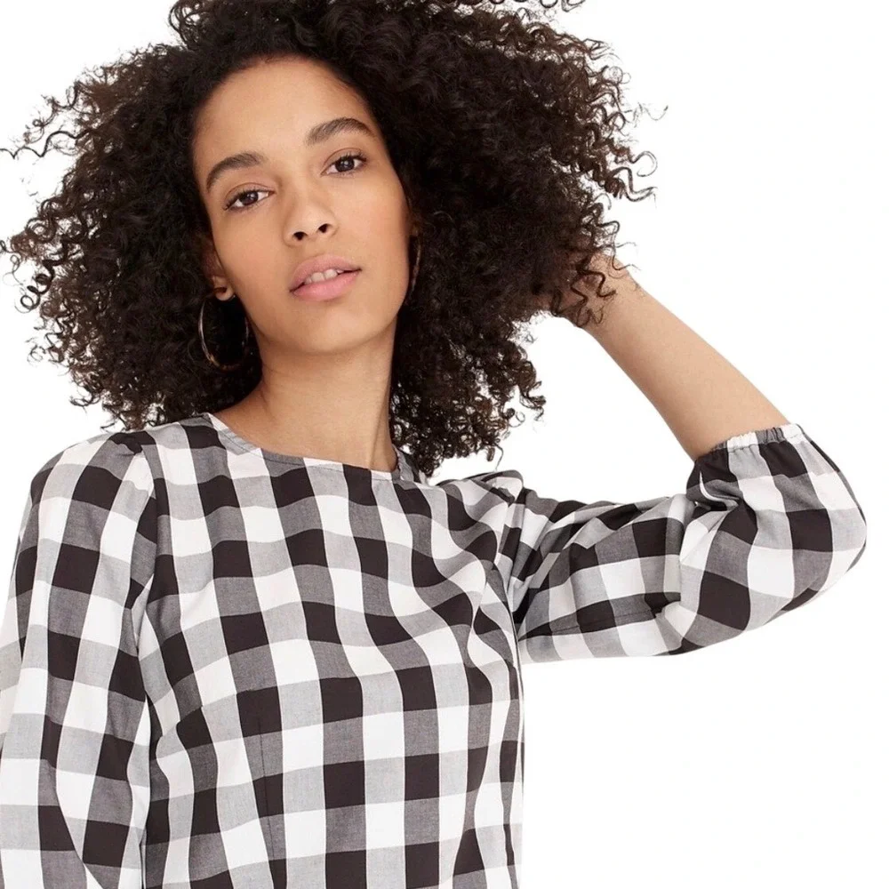 J. Crew Black & White Gingham Plaid Puff Sleeve‎ Blouse Size 4